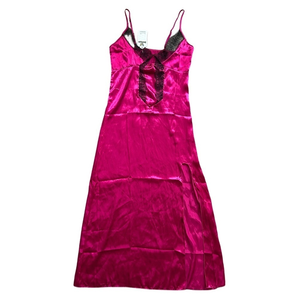 Sener Lingerie Pink Satin Black Lace Side Slit Nightgown NWT Size Medium
